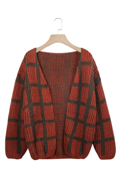 Womens Stylish Grid Pattern Long Sleeve Open Front Fuzzy Knit Cardigan Coat
