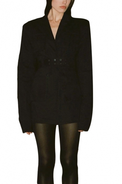 Womens Stylish Long Sleeve Snap Button Belt Flap Pocket Plain Black Fitted Blazer Dress