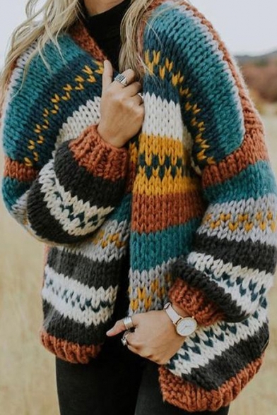 

Womens Stylish Tribal Multicolor Striped Printed Long Sleeve Open Front Chunky Knit Cardigan Coat, LM568634