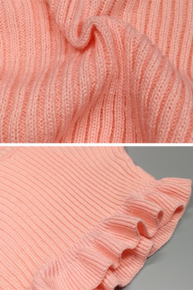 Womens Unique Pink Round Neck Ruffle Detail Long Sleeve Crop Pullover Sweater