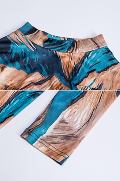 Womens Vintage Abstract Printed Long Sleeve Mock Neck Blue and Khaki Midi Bodycon Dress