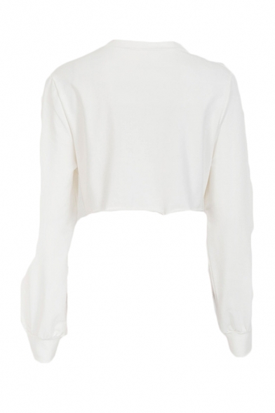 Anime Cartoon Girls Printed Long Sleeve Mock Neck White Cropped Pullover Sweatshirt Top