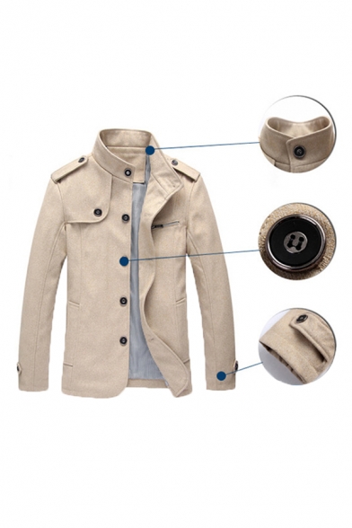 Casual Khaki High Collar Epaulets Embellished Long Sleeve Single Breasted Outdoor Wool Coat