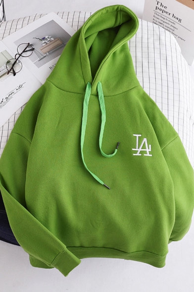 Classic Plain Embroidery Letter Printed Chest Long Sleeve Green Oversized Drawstring Hoodie