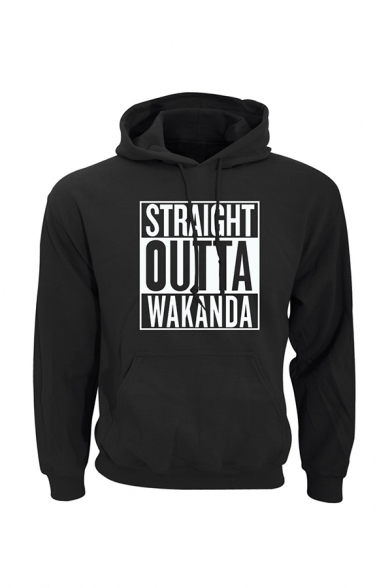 Fashion Letter STRAIGHT OUTTA WAKANDA Print Front Long Sleeve Slim Fit Drawstring Hoodie