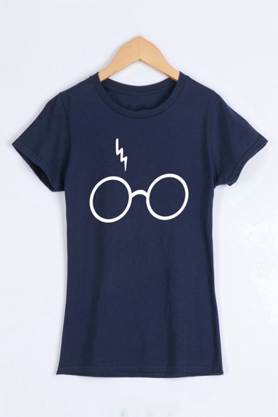 Girls Chic Magic Lightning Glasses Pattern Short Sleeve Casual Fitted T-Shirt