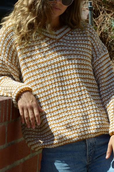 Girls Popular Lantern Long Sleeve V-Neck Colorblock Panel Knitted Pullover Sweater