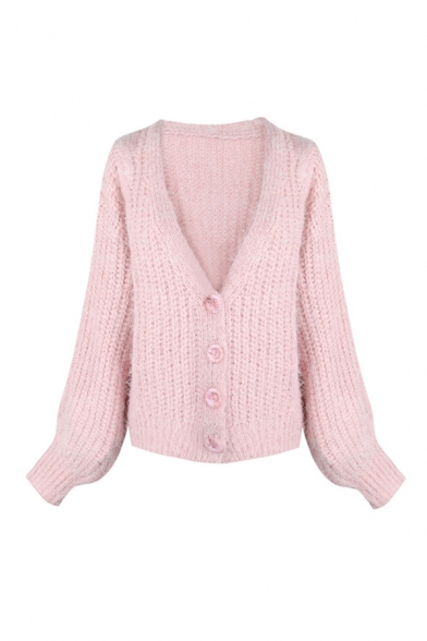 Ladies Elegant Loose Solid Color Long Sleeve Button Front Soft Eyelash Knit Sweater Cardigan