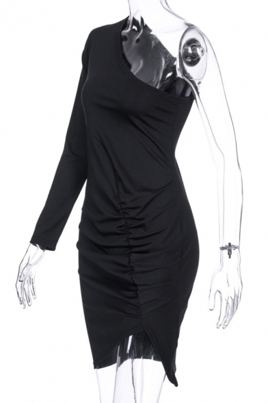 Ladies Fashion Plain Single One Shoulder Sleeve Ruched Side Slim Fit Mini Asymmetric Dress