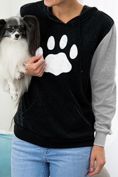 Lovely Cat Footprint Colorblock Long Sleeve Regular Casual Drawstring Hoodie with Pocket