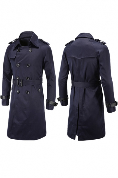 Men's Hot Fashion Plain Double-Breasted Long Sleeve Casual Longline Fitted Belted Trench Coat with Pocket