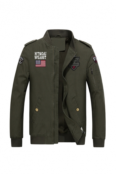 Men's Stylish HTNOAI WEARST Letter Flag Logo Embroidery Stand Collar Zip Closure Casual Military Jacket