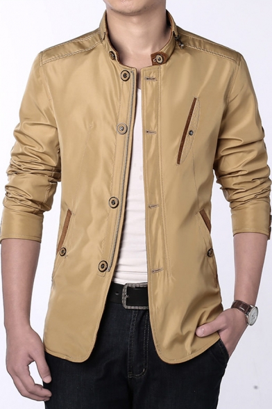 Mens Chic Plain Stand Collar Button Embellished Zip Closure Long Sleeve Slim Fit Short Blazer Jacket with Pocket
