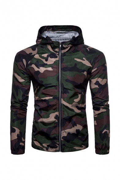 Mens Classic Camouflage Long Sleeve Zip Placket Slim Fit Hooded Sports Jacket Coat