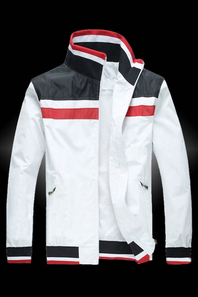 Mens Classic Colorblock Striped Printed High Collar Long Sleeve Zip Up White Casual Track Jacket