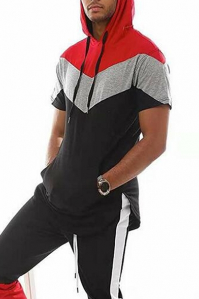 Mens Classic Stripe Panel Short Sleeve Curve Bottom Fitted Drawstring Sport Hoodie