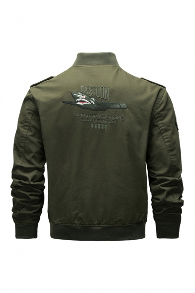 Mens Fashion Army Green Chic Letter Logo Printed Stand Collar Epaulets Decoration Long Sleeve Zip Up Bomber Jacket