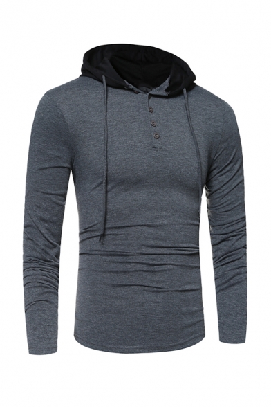 Mens Fashion Dark Gray Contrast Color Hood Button Front Long Sleeve Fitted Drawstring Hoodie