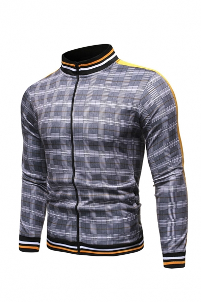 Mens Unique Checked Pattern Long Sleeve Stand Collar Striped Trim Zip Up Slim Fit Casual Varsity Baseball Jacket Coat