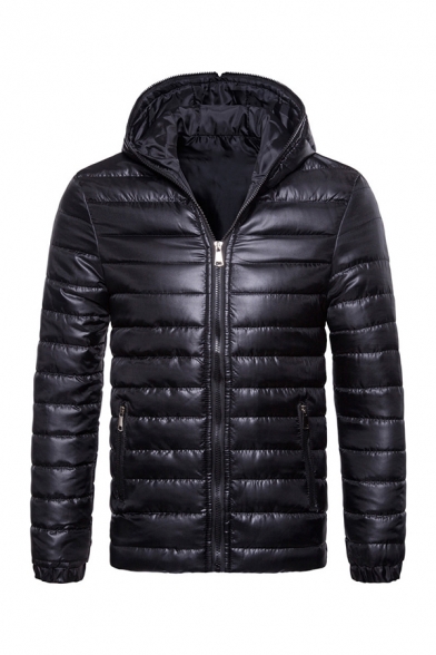Mens Winter Popular Plain Long Sleeve Zip Up Slim Fit Hooded Down Coat