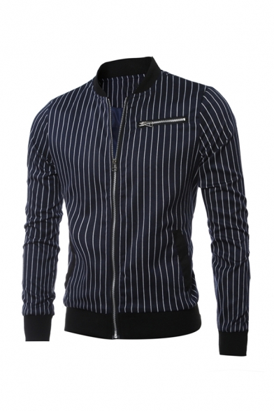 Pinstripe Printed Long Sleeve Zipper Embellished Mens Casual Daily Wear Fitted Jacket