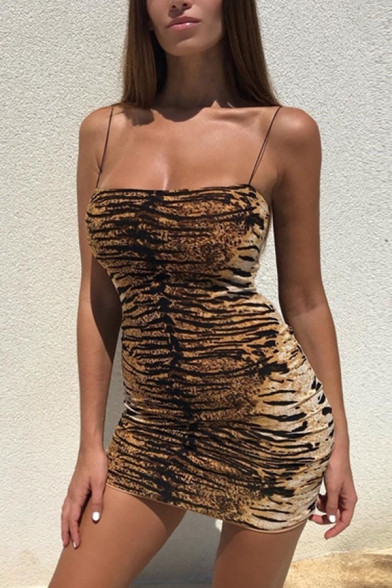 New Trendy Tiger Print Sleeveless Mini Bodycon Cami Dress for Women