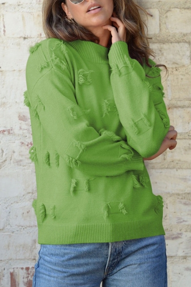 Plain Designer Tassel Applique Embellished Long Sleeve High Neck Regular Pullover Sweater