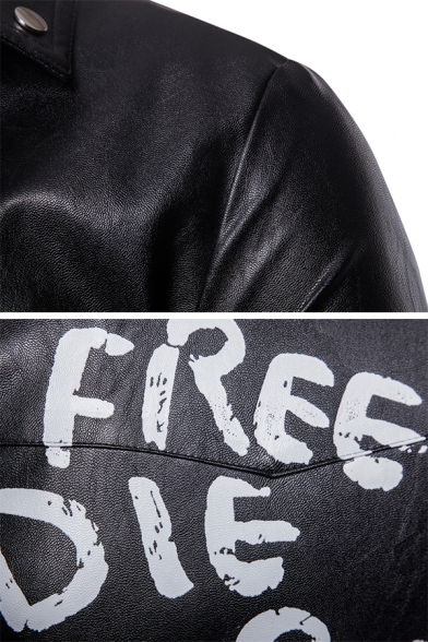 Punk Letter LIVE FREE DIE STRONG COMME DES GARCONS Printed Notch Lapel Oblique Zip Short PU Leather Jacket