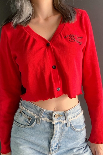 Red Loose Creative Embroidery Letter Printed Long Sleeve Button Fly Cropped Cardigan Coat