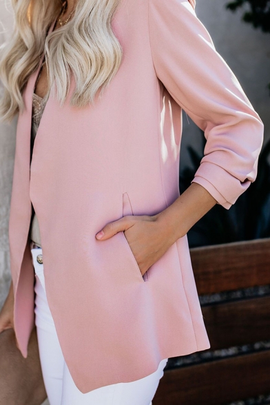 Simple Collarless Long Sleeve Open Front Solid Color Blazer Coat with Pocket for Women