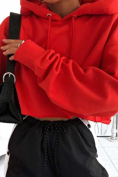 Street Style Red Solid Color Long Sleeve Loose Drawstring Cropped Hoodie for Women