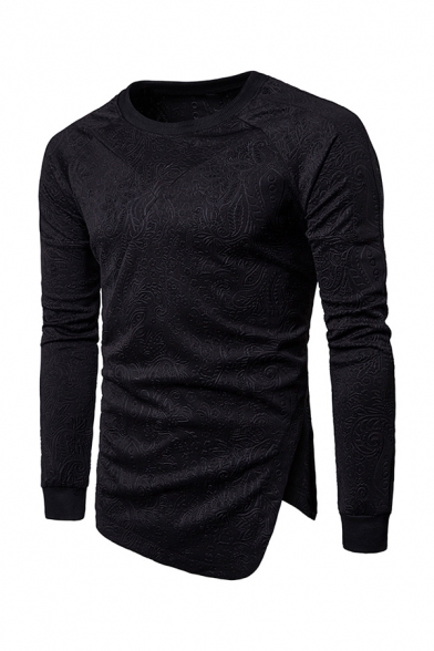 Unique Plain Embossed Design Asymmetric Hem Fitted Pullover Sweatshirt