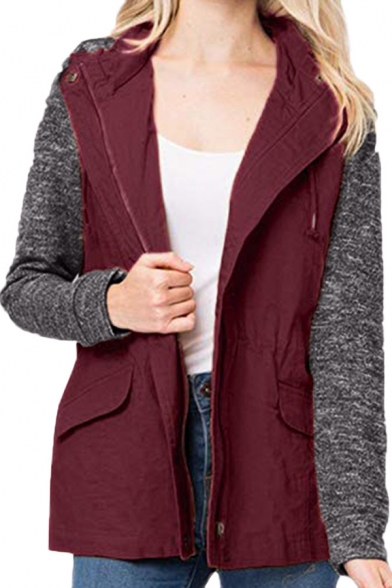 Winter Chic Colorblock Knit Panel Long Sleeve Drawstring Waist Zipper Windbreaker Hooded Coat with Pocket