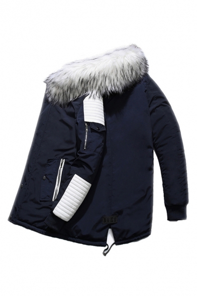 Winter Fur Trimmed Hood Colorblock Panel Long Sleeve Split Back Zip Placket Casual Longline Parka Coat