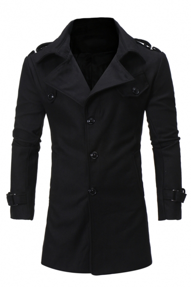 Winter New Fashion Notched Collar Epaulets Long Sleeve Single Breasted Plain Fitted Wool Coat with Belt