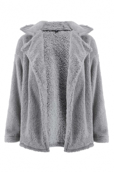 Winter Stylish Plain Long Sleeve Open Front Fluffy Fleece Loose Coat for Women