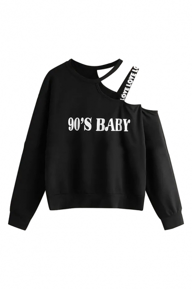Women's Casual 90's BABY Print Cutout Letter Tape Loose Relaxed Pullover Sweatshirts