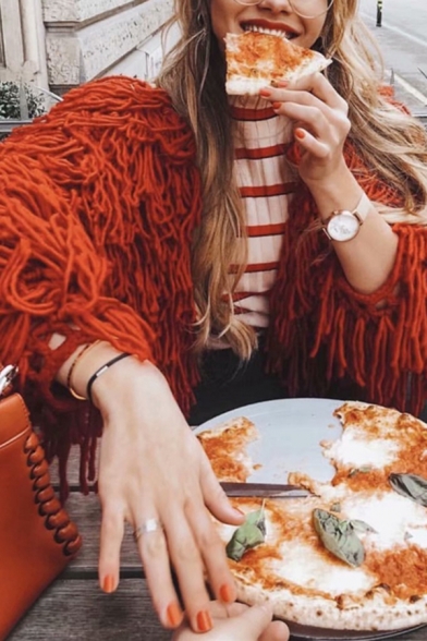 

Women's Chic Shaggy Fringe Long Sleeve Open-Front Plain Designer Knitted Cardigan Coat, Red;yellow, LM568163