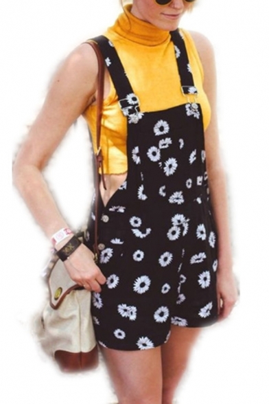 Women's Classic Daisy Sunflower Printed Adjustable Straps Casual Overalls Shorts