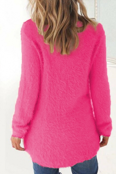 Womens Basic Solid Color Long Sleeve Round Neck High Low Longline Fitted Plush Pullover Sweater Top