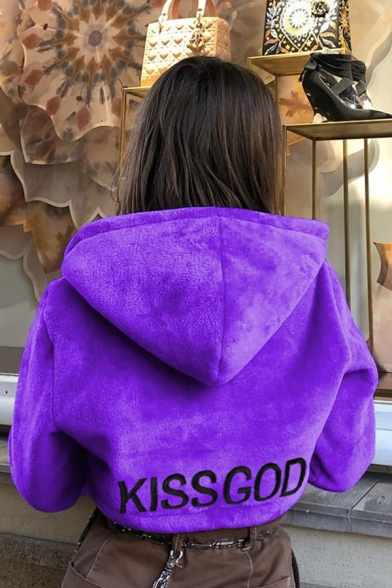 Womens Casual KISSGOD Embroidery Letter Back Long Sleeve Snap Button Purple Plush Cropped Jacket Coat