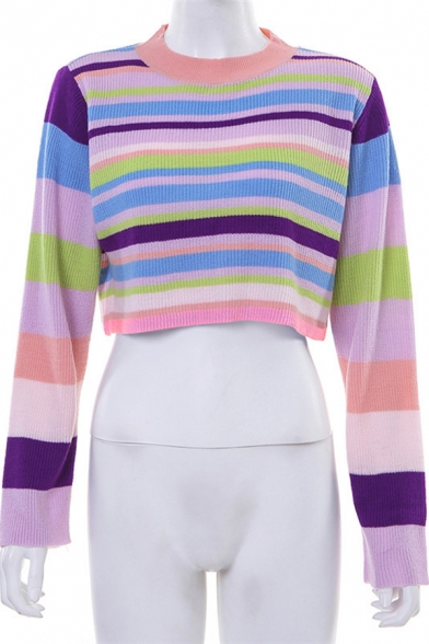 Womens Chic Colorful Striped Long-Sleeved Mock Neck Cropped Pullover Sweater