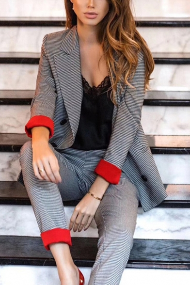 Womens Classic Grey Notched Collar Contrast Cuffed Sleeve Double Breasted Plaid Blazer & Pants Set