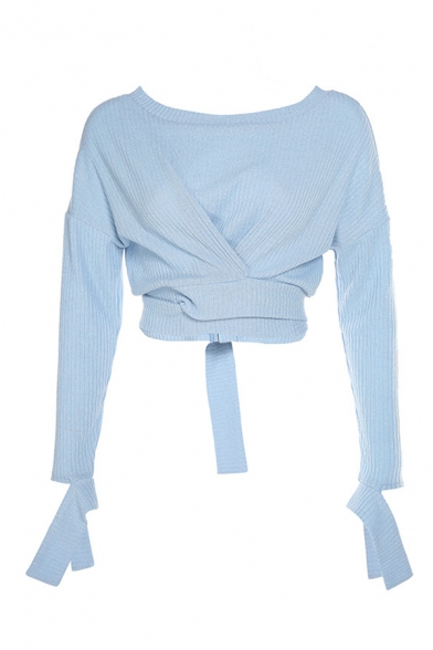 Womens Elegant Light Blue Knot Button Embellished Irregular Long Sleeve Belted Cropped Designer Sweater