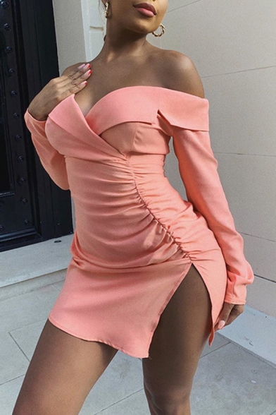 Womens Elegant Solid Foldover Front Off Shoulder Long Sleeve Split Pleated Detail Mini Cocktail Party Dress