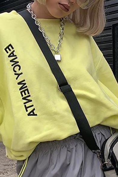 Womens Fall Stylish Yellow EANCY MENTA Printed Long Sleeve Drawstring Hem Loose Fit Pullover Sweatshirt