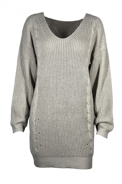 Womens Fashion Gray V-Neck Long Sleeve Loose Fit Cable Knit Longline Pullover Sweater