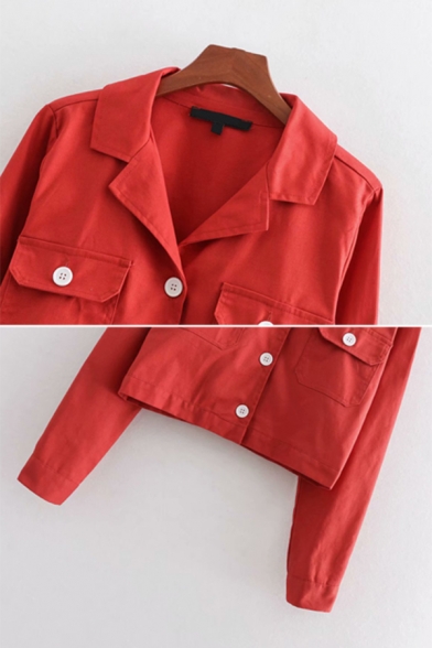 Womens Fashion Solid Brick Red Notched Collar Long Sleeve Button Front Crop Blazer Jacket with Flap Pocket
