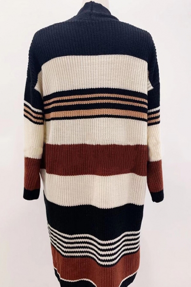 Womens Fashion Striped Long Sleeve Purl-Knit Longline Open Front Loose Cardigan Coat