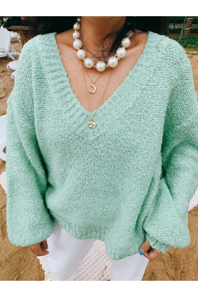 Womens Fashionable Green V-Neck Balloon Long Sleeve Knitted Sweater - Beautifulhalo.com